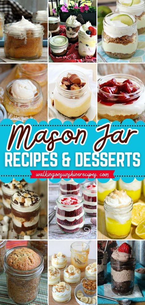 Your desserts to make at home must have these mason jar recipes! Not only are these sweet food cute and delicious, but they are also fun and easy to serve on special occasions. Everyone will enjoy these desserts in a jar like cakes, cheesecakes, cupcakes, and more! Mason Jar Christmas Desserts, Baking In Mason Jars Recipes, Brownie Batter Cheesecake In A Jar, Dessert Recipes In A Jar, Jar Cake Ideas Dessert Recipes, Sous Vide Desserts In Jars, Desserts In Mini Mason Jars, Glass Jar Recipes, Mason Jar Deserts No Bake