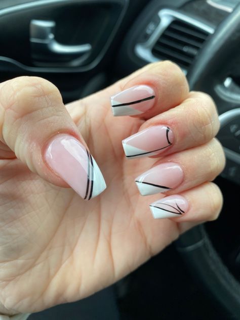 Black And Blue French Nails, French Tips With Black Line, French Tip Nails With Black Line, Pink Nails With Black Lines, White French Tip With Blue Line, Black Line Nail Designs, French With Design, Nail Designs With Lines, French Fade Nails