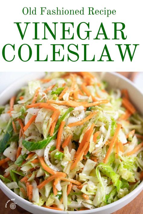 This vinegar coleslaw recipe is totally mayo free! It is just a little sweet and totally tangy. The perfect BBQ side dish. Save for your next potluck because everyone loves vinegar-based coleslaw! Coleslaw Without Mayo, Southern Slaw, Vinegar Coleslaw Recipe, Tangy Coleslaw Recipe, Vinegar Based Coleslaw Recipe, Tangy Coleslaw, Cabbage Coleslaw, Best Coleslaw Recipe, Vinegar Coleslaw