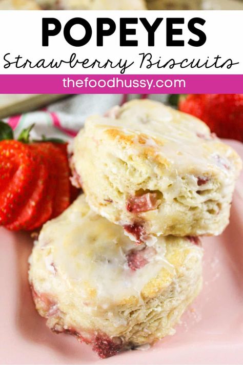 Popeye’s Strawberry Biscuits are a limited time offering but you can make them anytime you want at home! These light, fluffy buttery biscuits are full of fresh strawberries and topped with a sweet glaze – no butter needed! Strawberry Zucchini Bread, Cat Meals, Strawberry Cheesecake Pancakes, Strawberry Banana Cakes, Strawberry Biscuits, Cheesecake Pancakes, Frozen Biscuits, Dessert Restaurants, Cheese Crescent Rolls