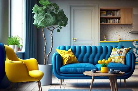 Yellow Lounge, Richmond House, Blue And Yellow Living Room, Turquoise Sofa, Podcast Ideas, Blue Sofas Living Room, Blue Sofas, Yellow Armchair, Yellow Sofa