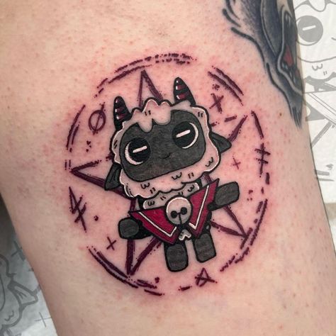 ✿ Tasha ✿ - Junior Tattoo Artist on Instagram: "Cult of the Lamb Tattoo for Dominika, I love this game so much so I was super excited to do this! I’m offering these in different colours on my stories so let me know if you’re interested! 😁😈🐑. #tattoo #tattooideas #tattooapprentice #tattooart #tattooartists #tattooartist #edinburghtattoo #edinburghtattooartist #illustration #drawing #fineline #finelinetattoos #cartoontattoos #kawaiitattoos #stippleshading #peppershading #tattooing #graphictatto This Is Fine Tattoo, Cult Of The Lamb Drawing, Cult Of The Lamb Tattoo, Game Over Tattoo, Gaming Tattoo Ideas, Creepy Cute Tattoo, Cult Of Lamb, Undertale Tattoo, Cult Tattoo