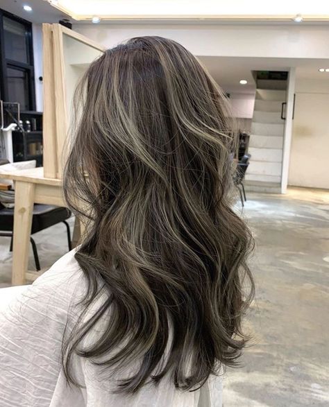 Balayage Hair Ash Brown Blonde, Dark Brown Hair With Ash Blonde Streaks, Mom Hair Color Ideas Dark, Brown Hair With Gray Balayage, Ash Blonde Hairlights, Babylites Brunette, Fine Hair Color Ideas, Cool Brown Highlights On Dark Hair, Brown Hair White Highlight