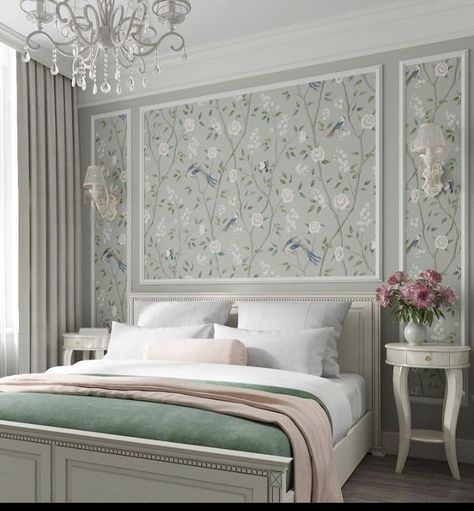 Bedroom Wallpaper Panels, Wainscoting Bedroom With Wallpaper, Moulding With Wallpaper Bedroom, Box Trim Moulding With Wallpaper, Wallpaper Accent Bedroom, Framed Wallpaper Bedroom, Wallpaper Murals Statement Wall Bedroom, Wallpaper Panelling Bedroom, Moulding Bedroom Design