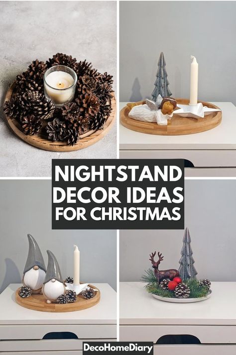 Christmas decor ideas for bedroom nightstand Dresser Christmas Decorations, Small Side Table Christmas Decor, Bedside Table Christmas Decor, Christmas Nightstand Decor, Christmas Nightstand, Christmas End Table Decor Ideas, Side Table Christmas Decor, Nightstand Decor Ideas, Ideas For A Bedroom