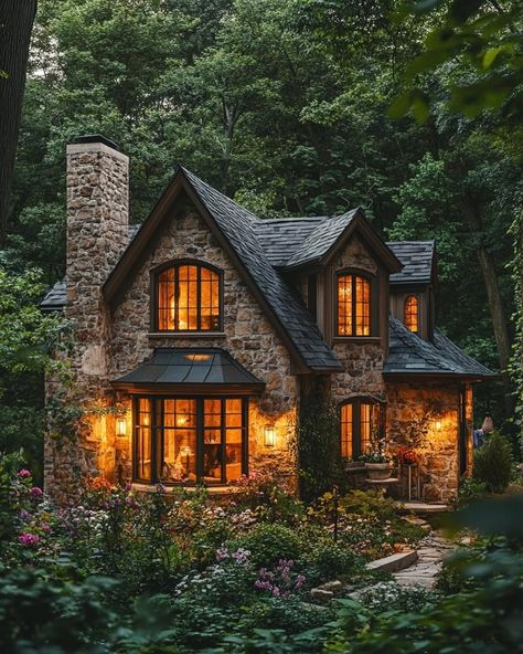 Cozy Stone Cottage, English Country Cabin, Cottage With Tower, Castle House Aesthetic, Little Cottage House Interior, English Cottage House Exterior, Grunge House Exterior, Storybook Farmhouse, Woodland Architecture