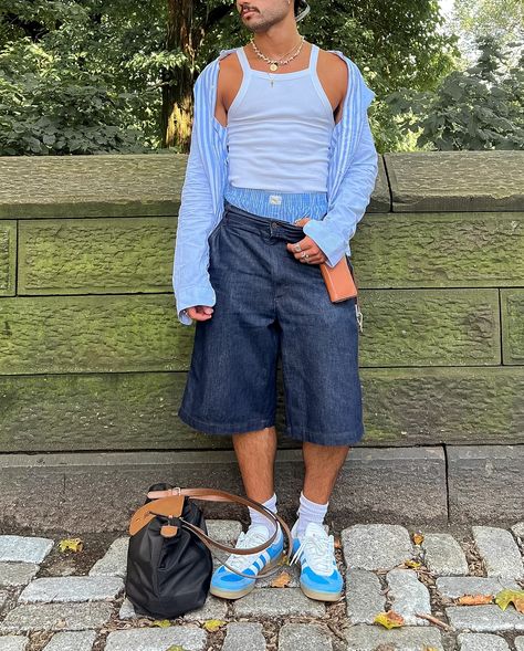 blues clues ——— summer outfit, blue, tank top, mirror selfie, nyc style, jorts outfit, men’s styling, boxers outfit Men Boxers Outfit, Blue Outfit Men Street Styles, Dark Blue Jorts Outfit, Tank Top Mirror Selfie, Tank Top Outfits Men, How To Style Tank Tops, Boxers Outfit, Boxer Outfit, Blue Outfit Men