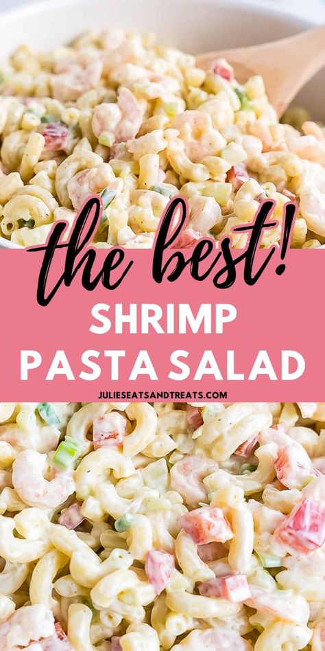 Looking for a dish that's easy to make, bursting with freshness, and oh-so-tasty? Look no further than this Shrimp Macaroni Salad! Cook up some elbow macaroni, mix it with crisp celery, colorful red bell pepper, green onion, and juicy salad shrimp. Then, let the magic happen as you coat it all in a creamy dressing with a tangy kick. Prepare it ahead of time for the best flavors. Trust us, this salad will become your new go-to pasta salad recipe! Pasta Shrimp Salad Recipes, Shrimp Macaroni Salad, Shrimp Macaroni, Salad Shrimp, Creamy Salad, Shrimp Pasta Salad, Seafood Salad Pasta, Crab Pasta, Creamy Shrimp Pasta