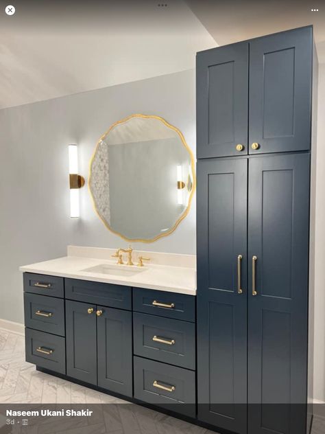 Bathroom Remodel One Sink, Bathrooms With Gold Hardware, Floor To Ceiling Cabinets Bathroom, Blue Cabinet Bathroom, Dark Blue Vanity, Blue Bathroom Cabinets, Bathroom Cupboard Ideas, Luxury Bathroom Inspiration, Bathroom Vanity Storage