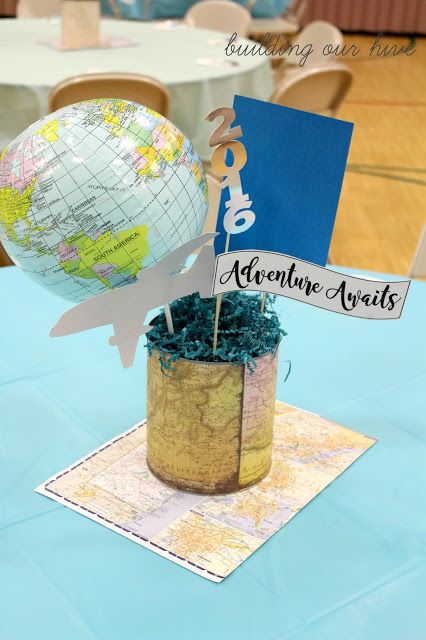 Adventure Awaits! Graduation Centerpiece Travel Centerpieces, Graduation Table Centerpieces, Graduation Centerpiece, Senior Graduation Party, Graduation Open Houses, Graduation Tables, Travel Party Theme, Adventure Party, Graduation Party Themes