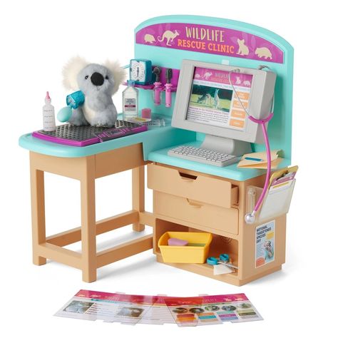 Kira's Animal Exam Table | American Girl Wiki | Fandom American Girl Doll Stuff, American Girl Doll Pets, American Girl Doll Sets, American Girl Toys, American Girl Accessories, American Girl Doll Crafts, American Girl Doll Accessories, American Dolls, Doll Beds