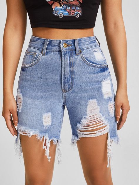 Ripped Shorts Outfit, Ripped Bermuda Shorts, Ripped Skirt, High Waisted Ripped Shorts, Bum Shorts, Knee Length Denim Shorts, High Wasted Shorts, Women Denim Shorts, Denim Shorts Outfit