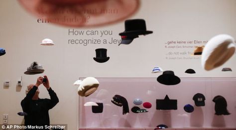 Hats are displayed under the question 'How you can recognize a Jew?'. The… Hat Exhibition, Costume Display, Jewish Person, Fashion Exhibition, Berlin Museum, Exhibit Ideas, Museum Exhibit, Jewish Museum, Museum Design