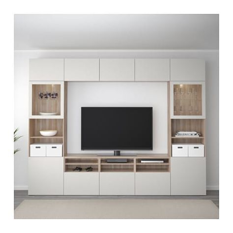 BESTÅ TV storage combination/glass doors - walnut effect light gray/Lappviken light gray clear glass, drawer runner, soft-closing - IKEA Besta Ikea, Ikea Tv, Living Room Wall Units, Living Room Built Ins, Ikea Living Room, Living Room Tv Unit Designs, Living Room Tv Unit, Tv Storage, Decor Ikea