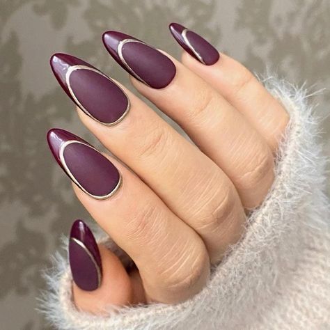 Fall Nail Almond, Gold Chrome Nails French, Almond Biab Nails, Red Burgundy Nails, Biab Manicure, Chrome French, Gold Chrome Nails, Red And Gold Nails, French Tip Design