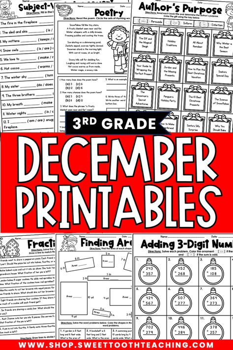 Third grade math worksheets and ELA worksheets for the month of December! Inside you'll find 50+ printable sheets targeting 3rd grade standards. Perfect for morning work, centers, early finishers, and more. December Reading, Third Grade Math Worksheets, Ela Worksheets, December Activities, Classroom Hacks, Authors Purpose, Third Grade Math, Elementary Education, 2nd Grade Math