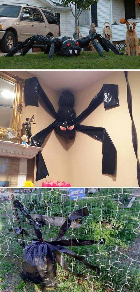 20 Creepy Halloween Decorations Recycled From Trash Bags 2017 Trash Bag Spider, Cheap House, Casa Halloween, Halloween Dance, Creepy Halloween Decorations, Scary Halloween Decorations, Garbage Bags, Halloween Porch, Apartment Decorating