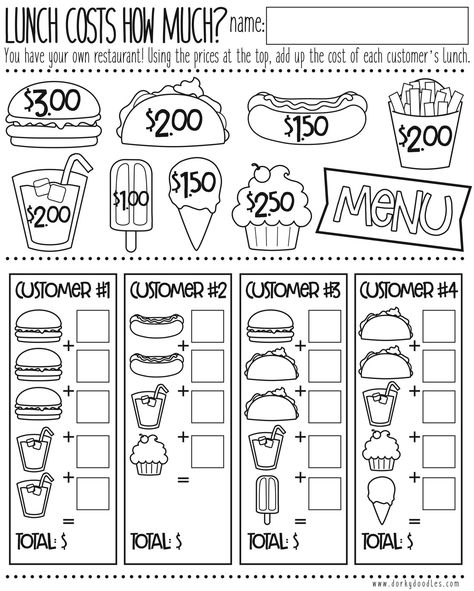 Money Math Practice - How Much Does Lunch Cost? – Dorky Doodles Homeschool Money Lesson, 2nd Grade Math Lesson Plans, 1st Grade Math Games Activities, Math For 1st Grade Worksheets, Learning Activities For Second Graders, 2nd Grade Math Lessons, Time And Money Worksheets, Math Worksheet 1st Grade, Math For Elementary Students