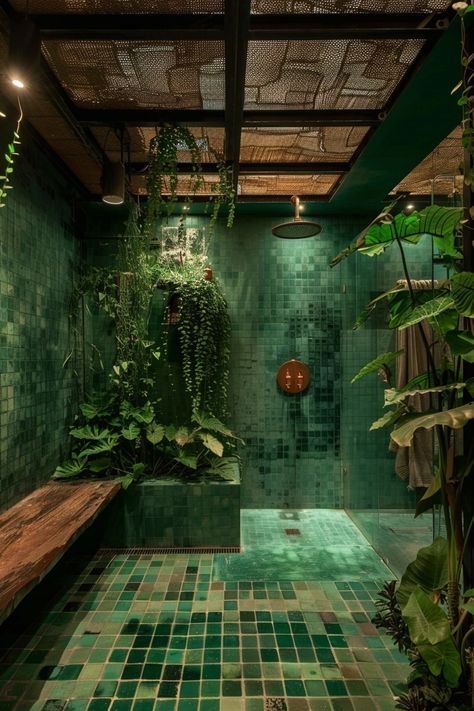 12 Emerald Green Bathrooms Ideas: Serene and Stylish! - My Decor Inspo Black And Green Bathroom, Statement Bathrooms, Green And Black Bathroom, Diy Wood Coffee Table, Emerald Bathroom, Tropical Bathroom Design, Emerald Green Rooms, Emerald Green Bathroom, Emerald Green Bedrooms