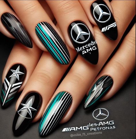 F1 Nails Designs, Redbull Nails, Hot Wheels Nails, F1 Nail Art, Mercedes Nails, Nascar Nails, Formula 1 Nails, F1 Nails, Car Nails