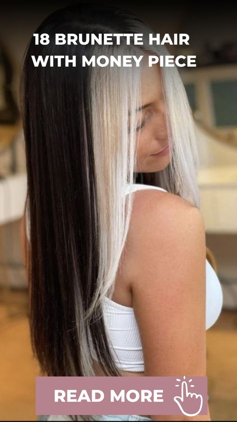 18 Brunette Hair with Money Piece Long Curtain Bangs With Money Piece, Brown With Money Piece And Highlights, Two Tone Hair Color Ideas For Brunettes, Chunky Money Piece Hair, Brunette Hair With Money Piece, Two Tone Hair Color, Hair With Money Piece, Blonde Underneath, Two Tone Hair