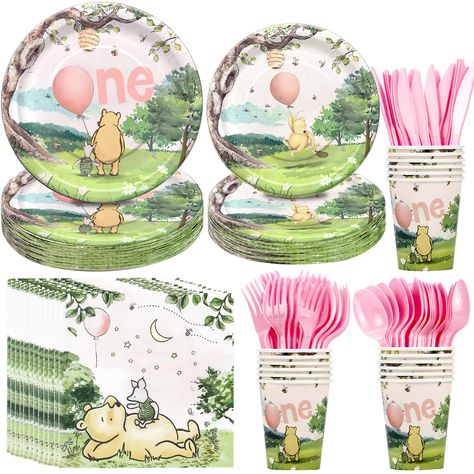 PRICES MAY VARY. 🍯【Winnie First Birthday Party Decorations Dinnerware】Celebrate your little girl's special day in style with our charming Pink Winnie bear first birthday supplies. Includes 24pcs 9'' dinner plates, 24pcs 7'' dessert plates, 24pcs paper napkins, 24pcs paper cups, 24pcs disposable cutlery 🐻【Winnie Bear 1st Birthday Party Tableware】These delightful Winnie bear party decorations are perfect for various activities and scenes. Whether you're planning a sit-down meal, a buffet-style g Pooh 1st Birthday, Winnie The Pooh Girl Birthday, Winnie The Pooh 1st Birthday Girl, Winnie The Pooh First Birthday Girl, Baby 1st Birthday Theme, Vintage Winnie The Pooh Party, Bear Party Decorations, Bear First Birthday Party, Winnie The Pooh First Birthday