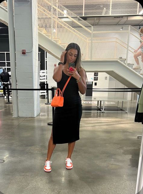 Pollen Jordan 1 Outfit Women, Aj1 Outfit Women Dress, Jordan 1 Outfit Women Classy, Dresses With Dunks Outfit, Dunk Low Dress Outfit, Casual Orange Dress Outfit, How To Style Orange Sneakers, Black Dress And Dunks Outfit, Dresses With Shoes Outfit