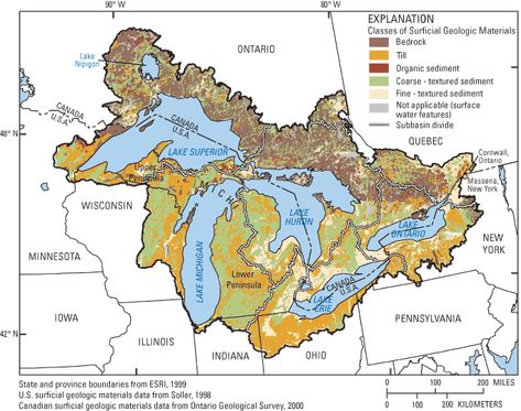 Map showing study area and surficial geology of the Great Lakes Basin. Great Lakes Map, Usa Maps, Study Area, Earth Surface, The Great Lakes, Physical Properties, Lake Ontario, Study Areas, Usa Map