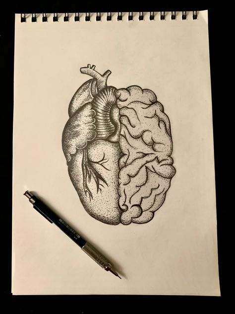 Half Heart Half Brain Drawing, Half Brain Tattoo, Half Heart Half Brain Tattoo, Half Heart Half Brain, Half A Heart, Brain Drawing, Brain Tattoo, Half Heart, Heart Brain