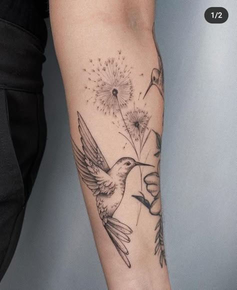 Humming Bird Sleeve Tattoos For Women, Hummingbird Dandelion Tattoo, Mom And Daughter Hummingbird Tattoo, Sleeve With Hummingbird, Hummingbird Tattoo With Flowers Forearm, Hummingbird Tattoo With Flowers Half Sleeves, Artsy Tattoo Ideas, Inner Bicep Tattoo Women, Tattoo Ideas For Women Unique