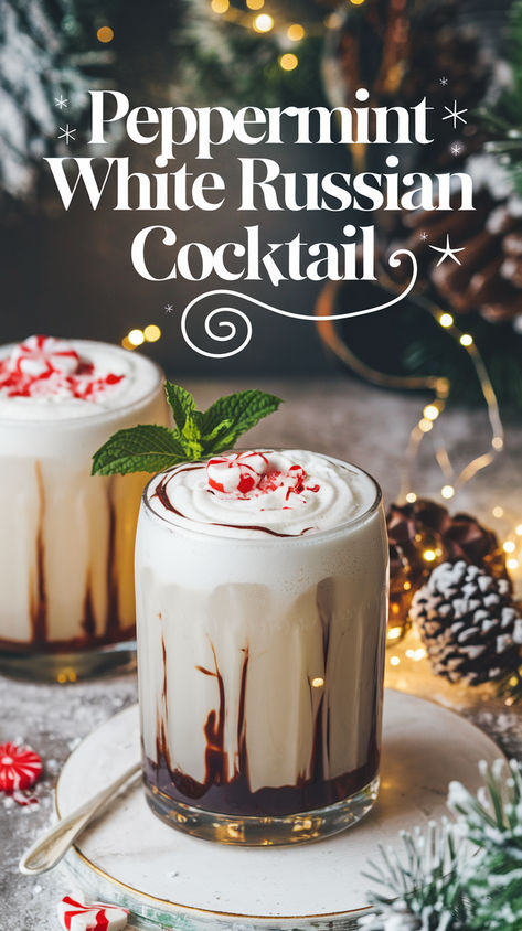 "Indulge in the festive spirit with this delightful Peppermint White Russian  cocktail recipe! Perfect for holiday gatherings, this easy cocktail  combines rich flavors of vodka, coffee liqueur, and creamy peppermint  goodness. Elevate your Christmas cocktails and impress your guests with  this refreshing twist on a classic favorite. Ideal for winter beverages and  holiday cocktails, this Peppermint White Russian is a must-try for anyone  looking to enjoy festive drinks this season!" Peppermint Horchata Drinks, Peppermint Mocha White Russian, Rumplemintz Drinks Cocktails, Christmas White Russian Cocktail, Holiday White Russian, Coffee Liqueur Cocktails, Peppermint Rumchata Recipes, Christmas White Russian, Peppermint Cocktails