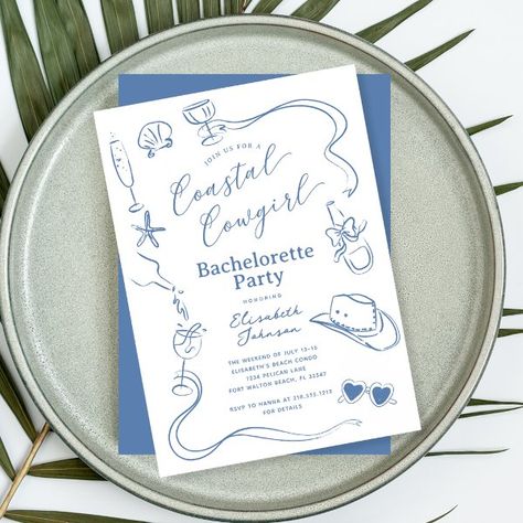 Blue Whimsical Coastal Cowgirl Bachelorette Party Invitation Coastal Cowgirl Bachelorette Party, Coastal Cowgirl Bachelorette, Trendy Bachelorette, Trendy Bachelorette Party, Cowgirl Bachelorette Party, Trendy Invitations, Pink Bachelorette Party, Cowgirl Bachelorette Parties, Pink Bachelorette