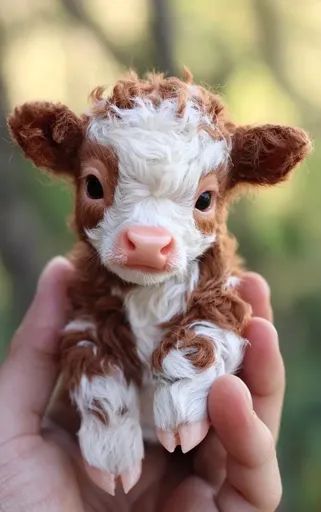 ↑↑↑ Larger size on website 🔸 A tiny, fluffy calf with brown and white fur is held in a person's hand. Its big, dark eyes stare di Cow Hooves, Innocent Eyes, Delicate Features, White Patches, Dark Eyes, White Fur, Highland Cow, Cow, Animals