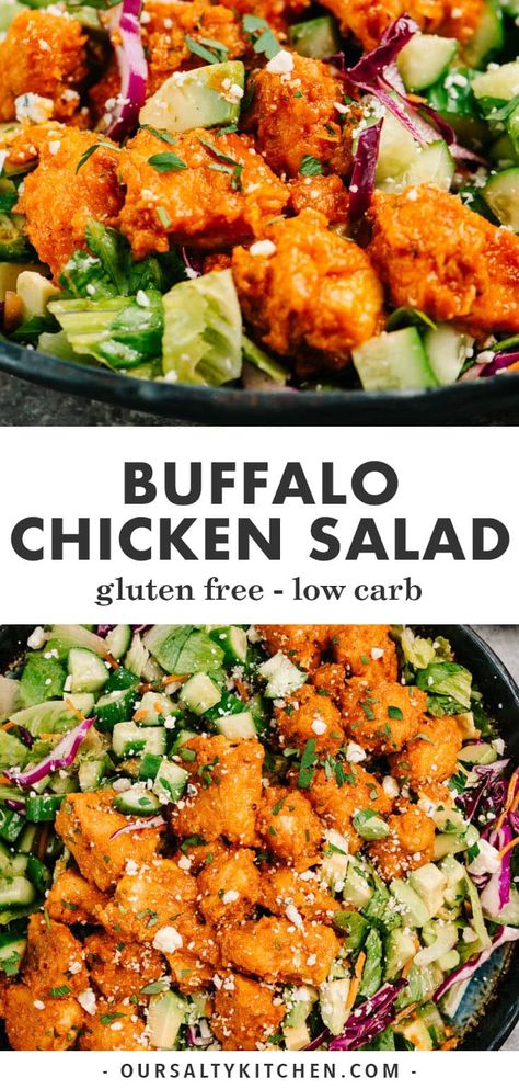 Dinner salad lovers unite! This crave-worthy Buffalo Chicken Salad is the easy, healthy recipe you need in your back pocket to survive the work week. Tender boneless buffalo wings are tossed with a crunch salad base, avocado, and blue cheese for a restaurant quality salad that's so easy to make at home. Naturally gluten free and low carb with a paleo option too! #dinnersalad #buffalochicken #lowcarb #glutenfree #paleo #chicken Buffalo Chicken Tender Salad, Buffalo Chicken Salad Recipe Healthy, Low Carb Buffalo Chicken Salad, Grilled Buffalo Chicken Salad, Keto Buffalo Chicken Salad, Crispy Buffalo Chicken Salad, Buffalo Chicken Salad Healthy, Gluten Free Buffalo Chicken, Healthy Buffalo Chicken Salad