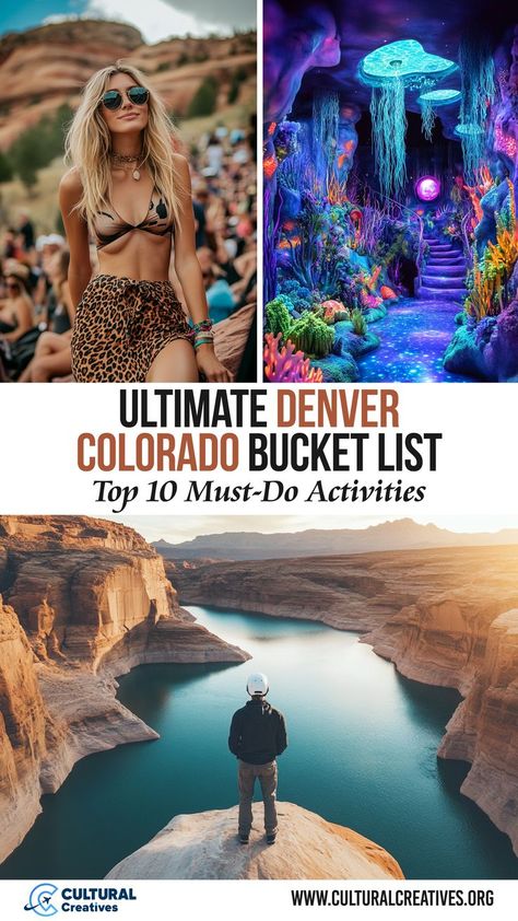 A collage of outdoor and indoor scenes including a woman at a festival, a vibrant otherworldly art exhibit, and a person standing at the edge of a cliff overlooking a canyon, representing the Ultimate Denver Colorado Bucket List. Visiting Denver Colorado, Denver In The Fall, Denver In January, Things To See In Denver Colorado, Colorado Weekend Trips, Travel To Colorado, Best Things To Do In Denver Colorado, Denver Date Ideas, Colorado To Do