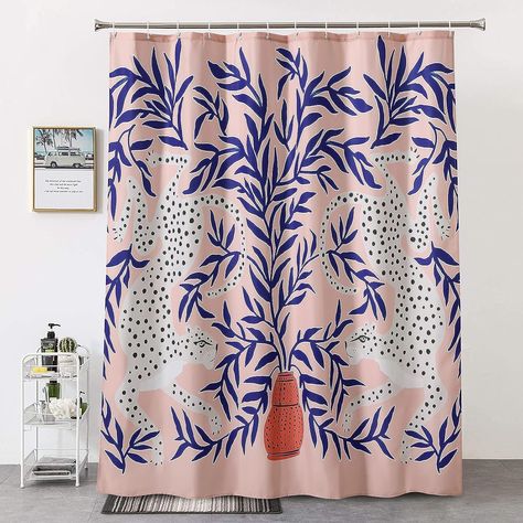 Pretty in Pink Maximalist Shower Curtain RoomTalks Leopard and Plants Fabric Shower Curtain in Blue and Blush, Aesthetic Cute Animals Botanical Leaves Shower Curtains Set with Hooks Funny Abstract Vintage Retro Bathroom Decor, 72 x 72 #ads #promotions #curtains #shower #maximalist #home #retro #bathroom #decor #decorations #apartments #dorm #botanical #leaves Cheetah Shower Curtain, Boho Cheetah, Tropical Bathroom Decor, Retro Bathroom Decor, Cute Shower Curtains, Tropical Bathroom, Green Shower Curtains, Floral Bathroom, Bathroom Shower Curtain Sets