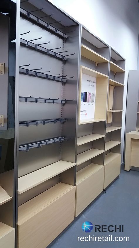 Retail Display Cabinet For Huawei Store Electronic Store Design Interiors, Store Cabinet Design, Shop Shelving Ideas Retail Displays, Mobile Store Interior, Retail Shelving Ideas, Mobile Shop Design Interior, Mobile Store Design, Mobile Retail Store, Shop Lighting Ideas