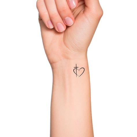 Cross Heart Tattoos, Cross Tattoo On Wrist, Heart Tattoo Wrist, Cute Tattoos On Wrist, Heart Temporary Tattoos, Father Tattoos, Tiny Wrist Tattoos, Cross Tattoos For Women, Faith Tattoo