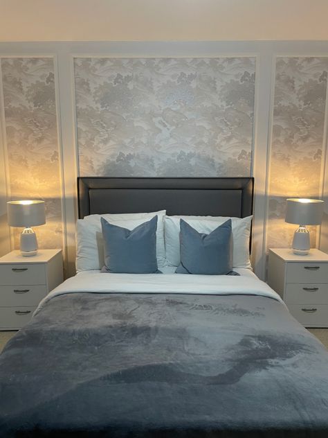 guestbedroom Bedroom Wallpaper Panels, Bedroom Wallpaper Panelling, Wallpaper For Guest Bedroom, Framed Wallpaper Behind Bed, Accent Wall Behind Bed Wallpaper, Bedroom Wall Panelling With Wallpaper, Panelling With Wallpaper Inside, Wall Panel Behind Bed, Wall Behind Bed Decor Ideas Master Bedrooms