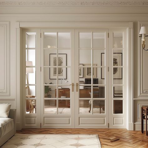 Hallway Glass Door, Adding Doors To A Room, Folding Glass Doors Interior, French Doors Office, Office French Doors, French Doors Living Room, French Doors Inside, White French Doors, Office Doors