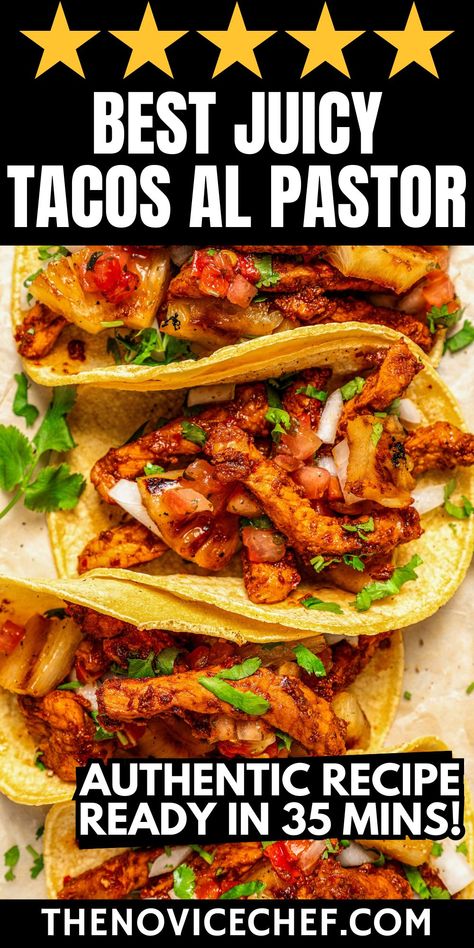 Easy and juicy Tacos al Pastor are a flavorful favorite made with slightly spicy and smoky pork and sweet pineapple. You’ll love the bold tastes that earthy, hearty chilis and spices bring to this simple, authentic recipe for al pastor tacos! Tacos Al Pastor Recipe Easy, Authentic Mexican Food Tacos, Tacos Al Pastor Oven Recipe, Al Pastor Burrito Bowl, Crockpot Al Pastor Tacos, Shredded Pork For Tacos, Pastor Recipe Pork, Tacos Pastor Recipe, Easy Al Pastor Tacos