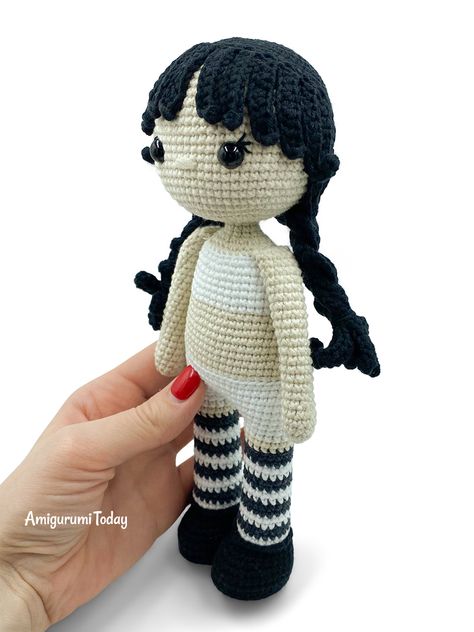 Wednesday Doll Free Crochet Pattern Wendsday Crochet, Crochet Wednesday Free Pattern, Wednesday Crochet Pattern Free, Free Crochet Character Patterns, Basic Doll Crochet Pattern Free, Free Wednesday Addams Crochet Pattern, Wednesday Adams Crochet Pattern, Wednesday Amigurumi Free Pattern, Crochet Halloween Dolls Free Pattern