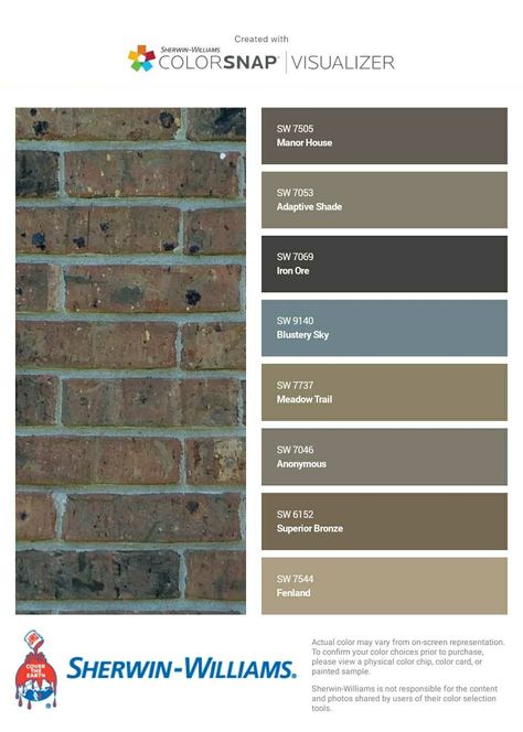 I just created this color palette with the Sherwin-Williams ColorSnap® Visualizer app on my Android phone. What do you think? You can learn more about ColorSnap Visualizer and get it on your phone free by visiting http://www.sherwin-williams.com/colorsnap. Brown Brick Color Palette, Brown Brick House Front Door Colors, Brown Brick House Exterior Color Schemes, Brick House Front Door Colors, Tudor Exterior, Brown Brick Houses, Rehab House, Exterior Paint Color Combinations, Front Yard Ideas