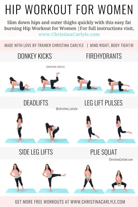 Fat burning hip workout for the hips, thighs and butt https://www.christinacarlyle.com/hip-workout/ #fitness #workout Leg Lifts Workout, Christina Carlyle, Hip Exercises, Holistic Fitness, 12 Minute Workout, Leg Workout At Home, Lose Thigh Fat, Workout For Women, Week Challenge