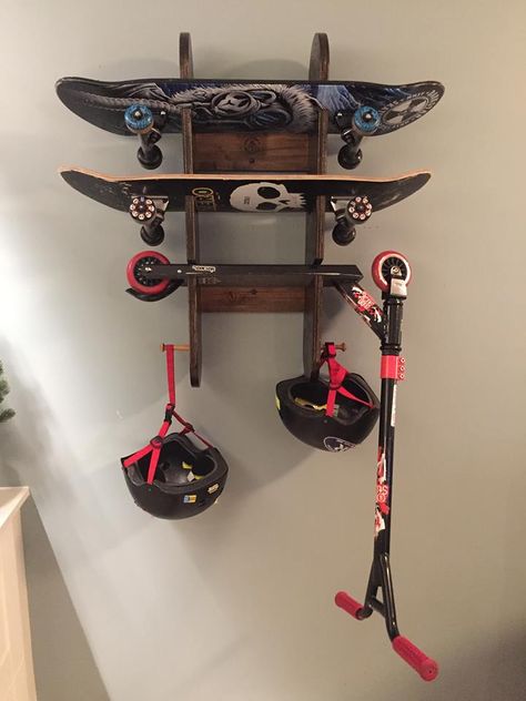 Skateboard/Scooter Rack Scooter Bedroom Ideas, Bike And Scooter Storage, Scooter Storage Ideas, Scooter Rack, Skateboard Hanger, Skateboard Storage, Skateboard Room, Skateboard Rack, Scooter Storage