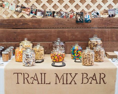 Wedding trail mix bar Trail Mix Bar Wedding, Wedding Trail Mix Bar, Wedding Snack Bar, Graduation Diy Decorations, Trail Mix Bar, Wedding Snacks, Lumberjack Baby Shower, Trail Mix Recipes, Bar Mix