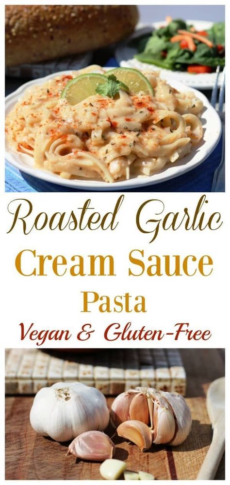 I am a serious pasta lover! This dish is all about the sauce that is bursting with flavor and tastes fabulous on almost anything–pasta, potatoes, grilled vegetables, or even spread on bread. #veganfood#plantbaseddiet#plantbasedrecipes#healthyrecipe#oilfre Wfpb Lunch, Garlic Cream Sauce Pasta, Hclf Recipes, Roasted Garlic Cream Sauce, Vegan Pasta Recipes Homemade, Roasted Garlic Butter, Garlic Butter Pasta, Garlic Pasta Sauce, Cream Sauce Pasta