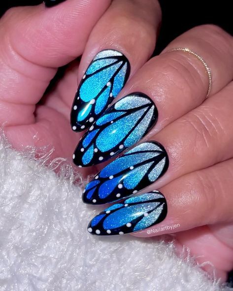 Fairy Wing Nails, Butterfly Nails Blue, Wings Nails, Butterfly Wing Nails, Blue Butterfly Nails, Butterfly Quince, White Nail Ideas, Nail Polish Art Designs, Accent Nail Designs