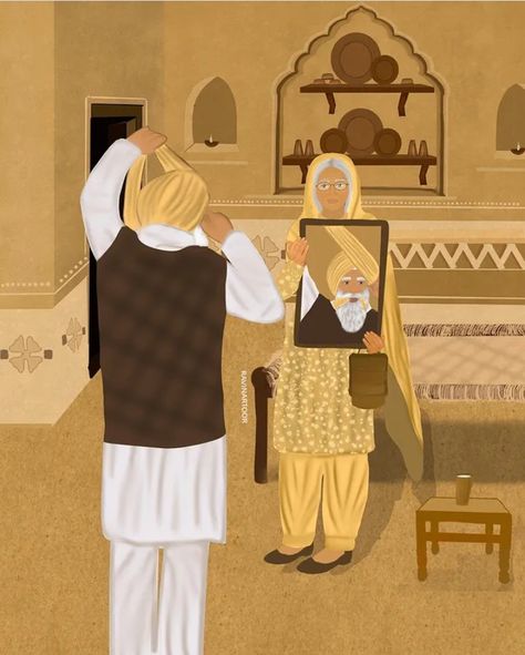 Punjabi Love Aesthetic, Punjabi Couple Drawing, Sikh Couple Illustration, Punjabi Drawing, Punjab Illustration, Aesthetic Punjabi, Rangla Punjab, Punjab Village, Sikh Couple