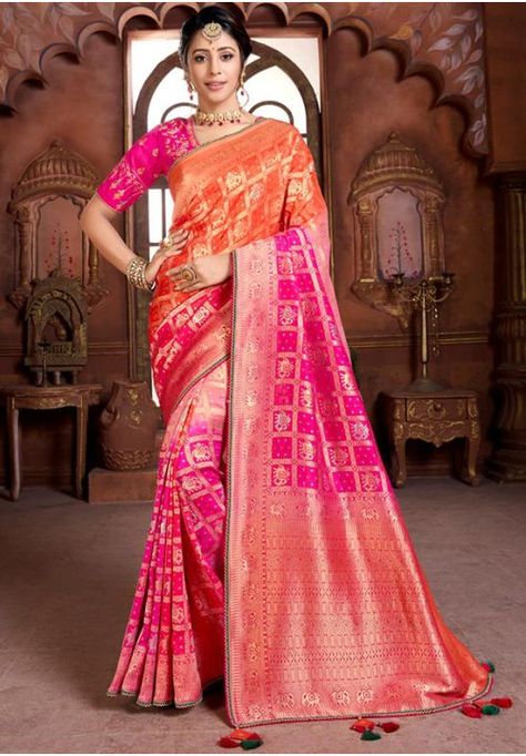 Hot Pink and Orange Zari Woven Silk Saree with Double Blouse Pink And Orange Saree, Saris Indian, Latest Designer Saree, Sarees Party Wear, Designer Sarees Wedding, Orange Pink Color, Orange Saree, Indian Designer Sarees, Designer Sarees Online